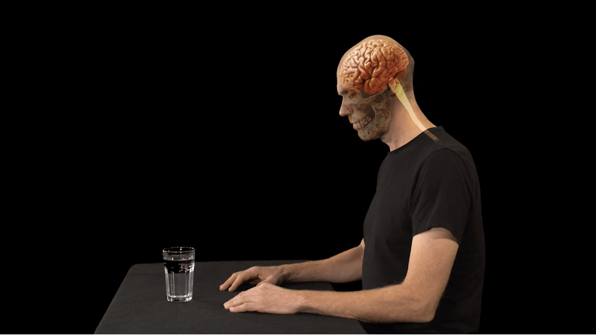 Animation frame of a persons brain looking at a glass of water